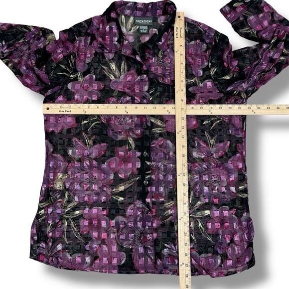 Vintage Notations Sheer Floral Check Shimmer Blouse Black Purple Large - Picture 10 of 11